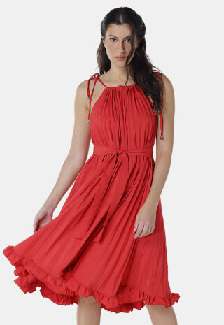 Vestido Midi de Festa Plissado Vermelho Sob