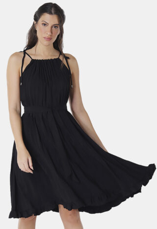 Vestido Midi de Festa Preto Plissado Sob