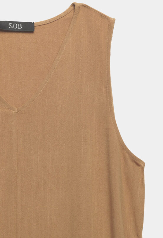 Vestido de Linho Longo Terracota Gola V com Bolsos Sob - Image 8