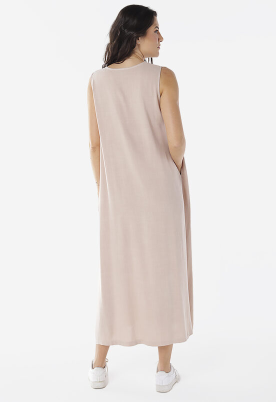 Vestido de Linho Longo Bege Gola V com Bolsos Sob - Image 5