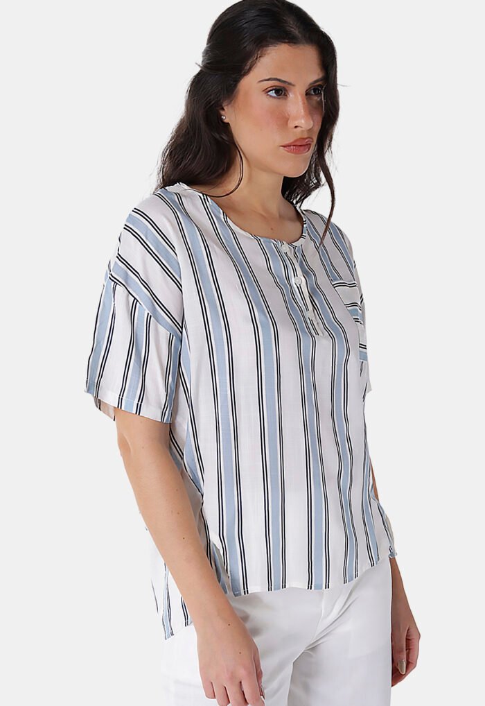 Blusa de Viscose com Mangas Listrada Azul Sob - Imagem 4
