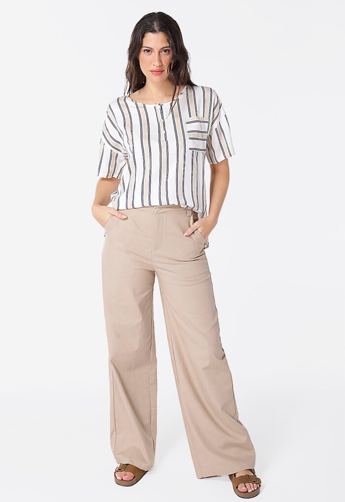 Blusa de Viscose com Mangas Listrada Bege Sob - Imagem 2