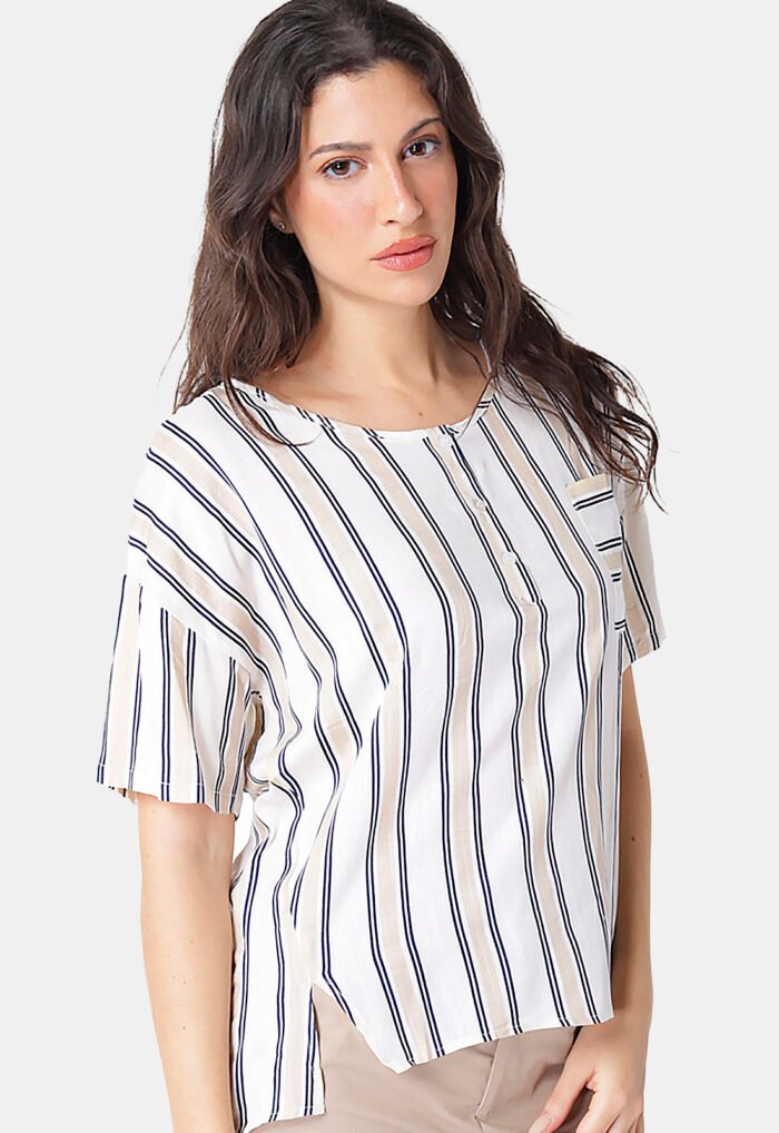 Blusa de Viscose com Mangas Listrada Bege Sob - Imagem 6