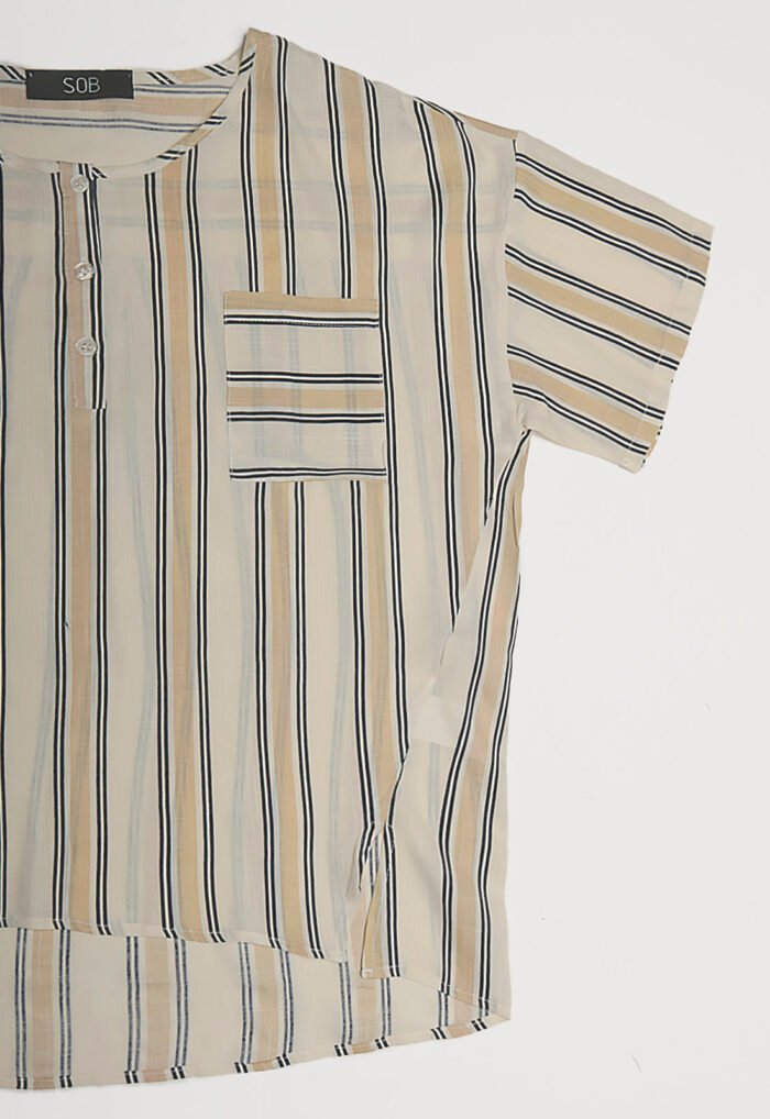 Blusa de Viscose com Mangas Listrada Bege Sob - Imagem 3