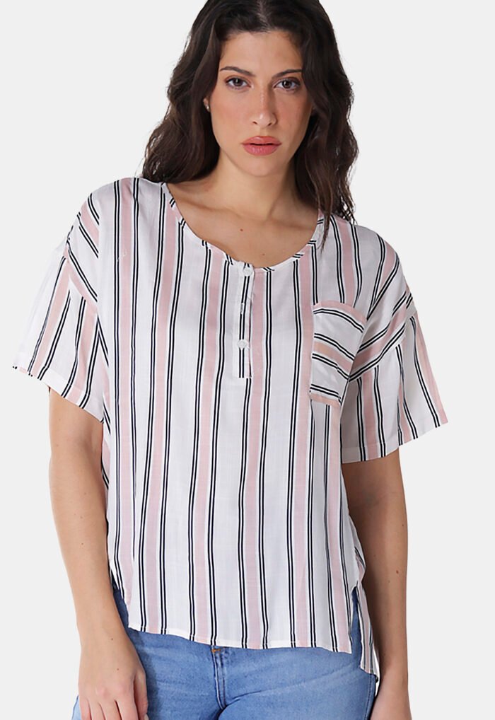 Blusa de Viscose com Mangas Listrada Rosa Sob - Imagem 2