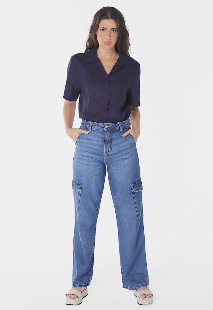 Camisa de Linho com Viscose Manga Curta Azul Marinho Sob - Imagem 2