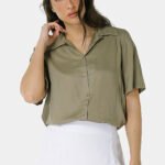 Camisa de Linho com Viscose Manga Curta Verde Militar Sob