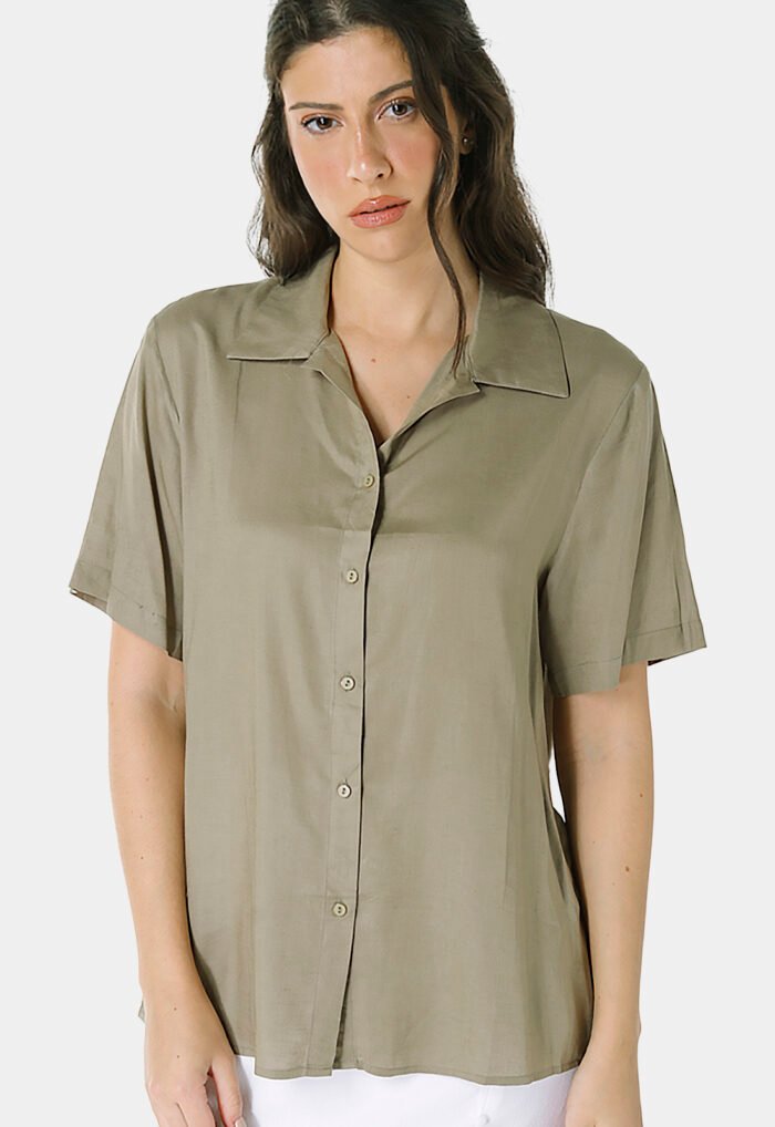 Camisa de Linho com Viscose Manga Curta Verde Militar Sob - Imagem 6