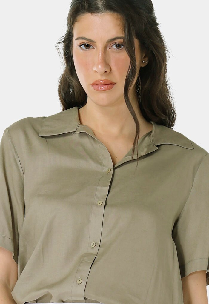 Camisa de Linho com Viscose Manga Curta Verde Militar Sob - Imagem 3
