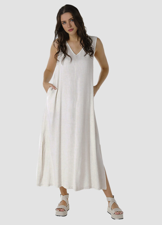 Vestido Longo de Linho Areia Gola V com Bolsos Sob - Image 7