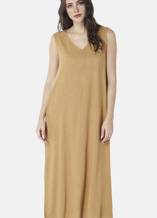 Vestido Longo de Linho Terracota Gola V com Bolsos Sob - Image 4