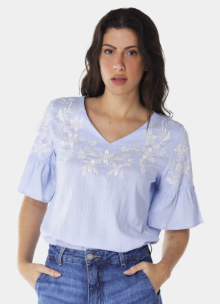 Blusa Bordada Gola V com Mangas 3/4 Algodão Boho