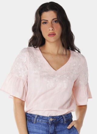 Blusa Bordada Gola V com Mangas 3/4 Algodão Boho Rosa Sob