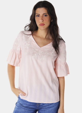 Blusa Bordada Gola V com Mangas 3/4 Algodão Boho Rosa Sob