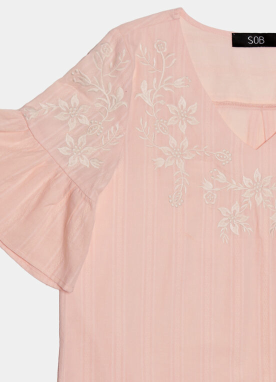 Blusa Bordada Gola V com Mangas 3/4 Algodão Boho Rosa Sob - Image 4