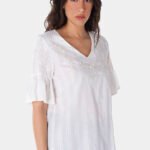 Blusa Branca Bordada Gola V com Mangas 3/4 Algodão Boho