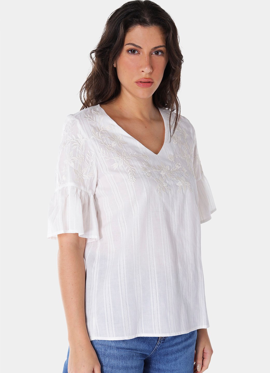 blusa branca 34 bordada 1 Blusa Branca Bordada Gola V com Mangas 3/4 Algodão Boho - Imagem 1