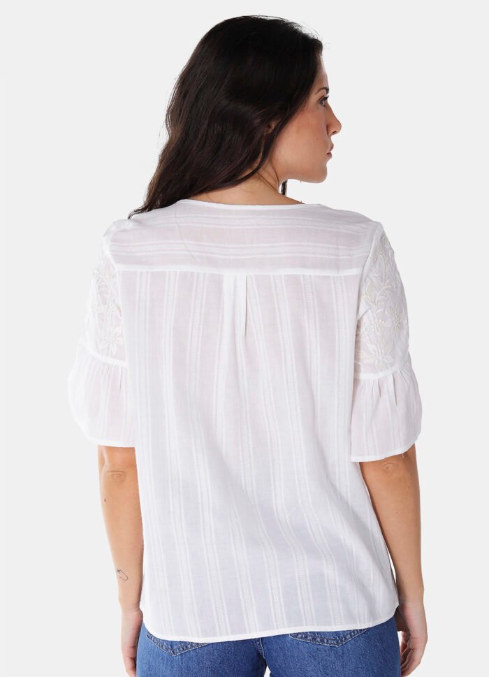 Blusa Branca Bordada Gola V com Mangas 3/4 Algodão Boho - Imagem 6