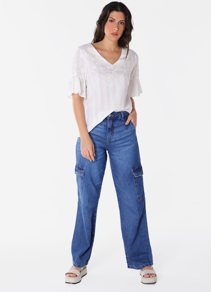 Blusa Branca Bordada Gola V com Mangas 3/4 Algodão Boho - Imagem 5