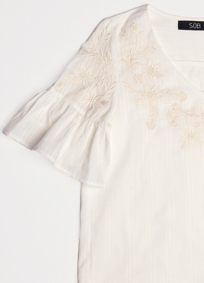 Blusa Branca Bordada Gola V com Mangas 3/4 Algodão Boho - Imagem 4