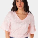 Blusa Bordada Gola V com Mangas 3/4 Algodão Boho Rosa Sob