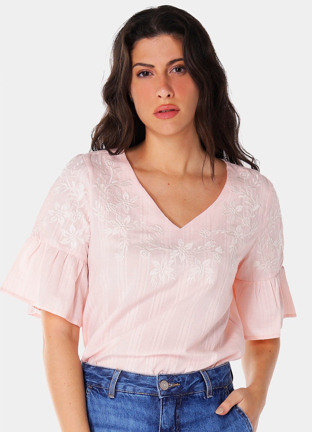 blusa manga 34 bordada rosa 1 Blusa Bordada Gola V com Mangas 3/4 Algodão Boho Rosa Sob - Imagem 1