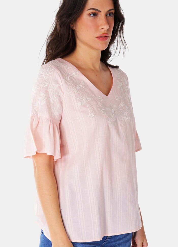 Blusa Bordada Gola V com Mangas 3/4 Algodão Boho Rosa Sob - Imagem 3