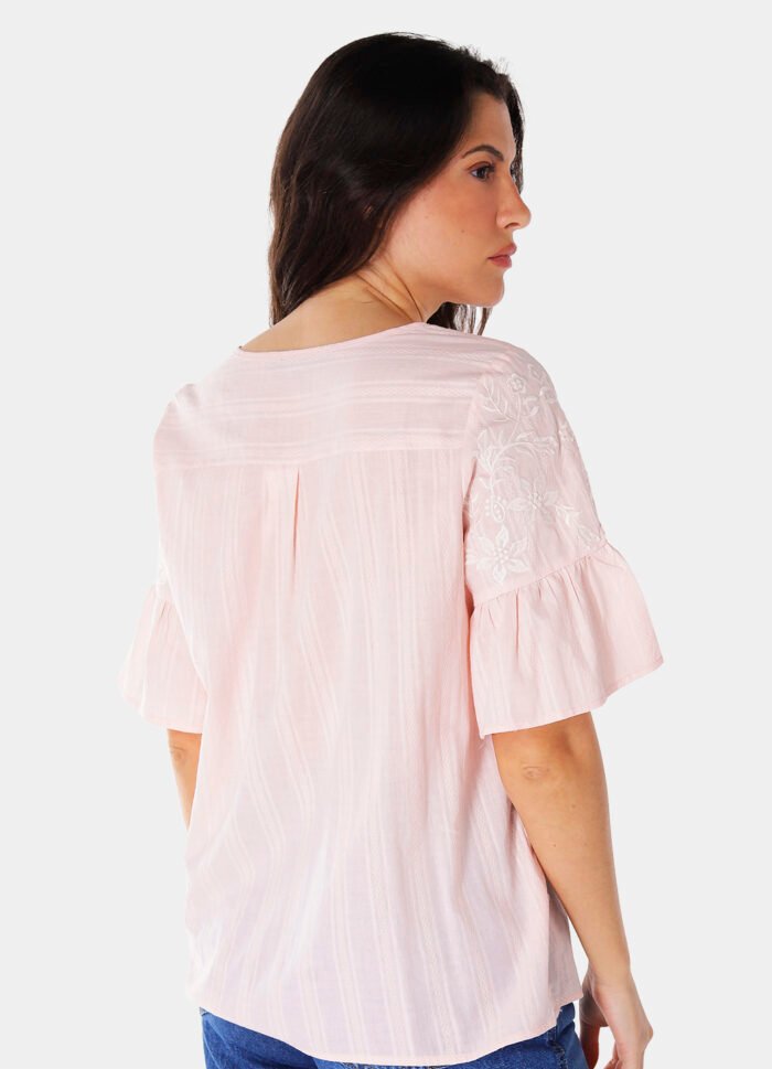 Blusa Bordada Gola V com Mangas 3/4 Algodão Boho Rosa Sob - Imagem 4