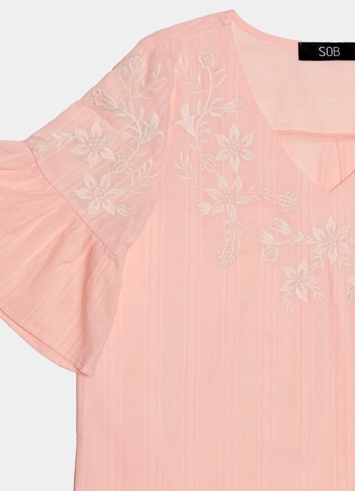 Blusa Bordada Gola V com Mangas 3/4 Algodão Boho Rosa Sob - Imagem 5