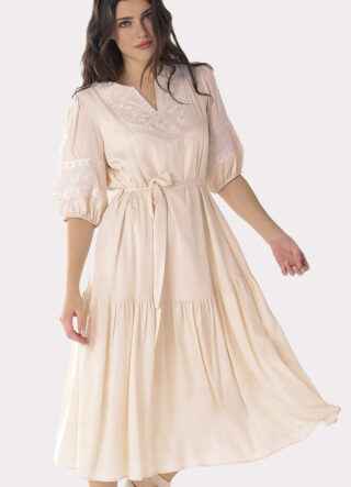 Vestido Midi Bege Nude Bordado com Mangas Forrado