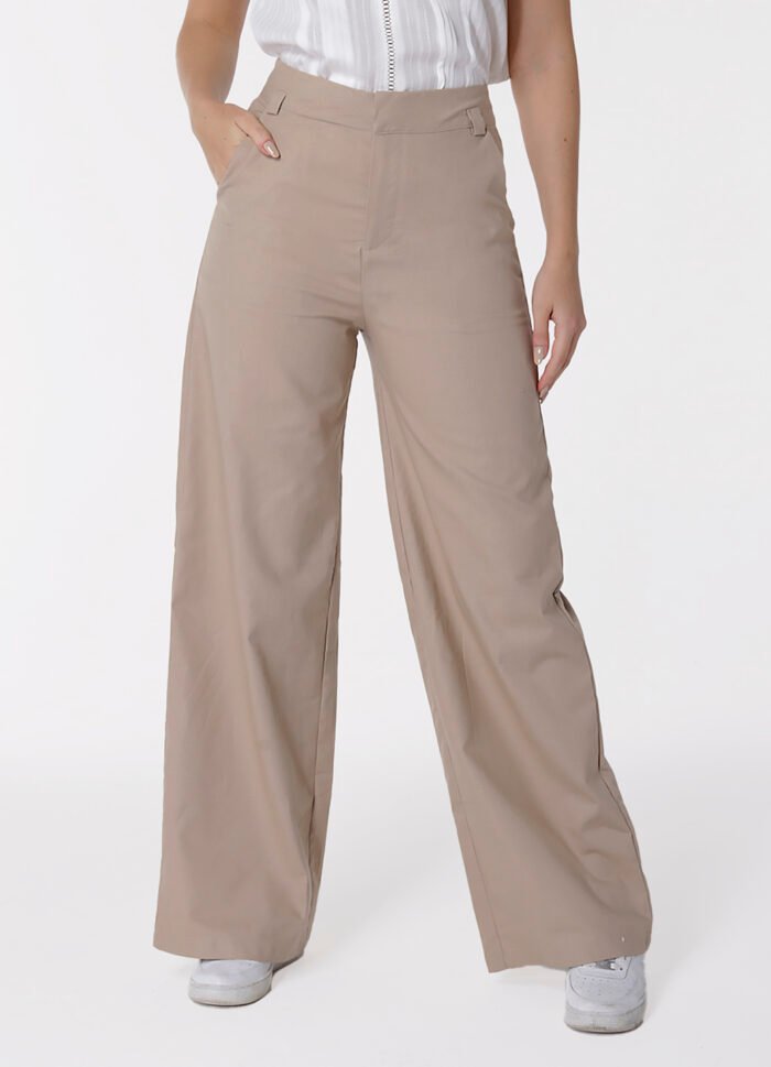 Calça de Linho Marrom Pantalona Alfaiataria Feminina Sob - Imagem 3