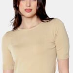 Blusa Bege Básica Viscose Manga Curta