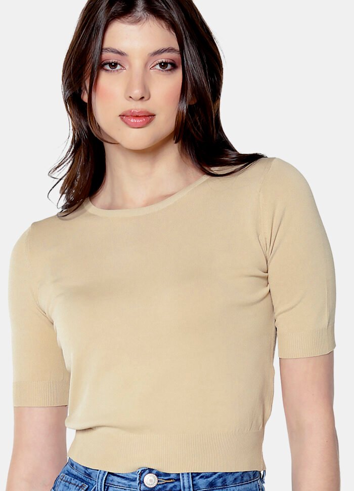 Blusa Bege Básica Viscose Manga Curta - Imagem 2