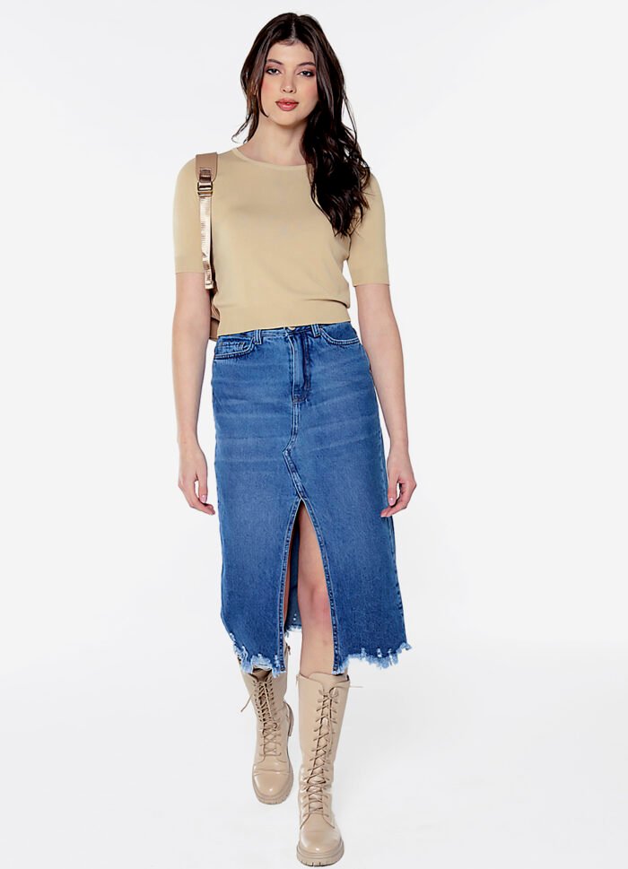 Blusa Bege Básica Viscose Manga Curta - Imagem 3