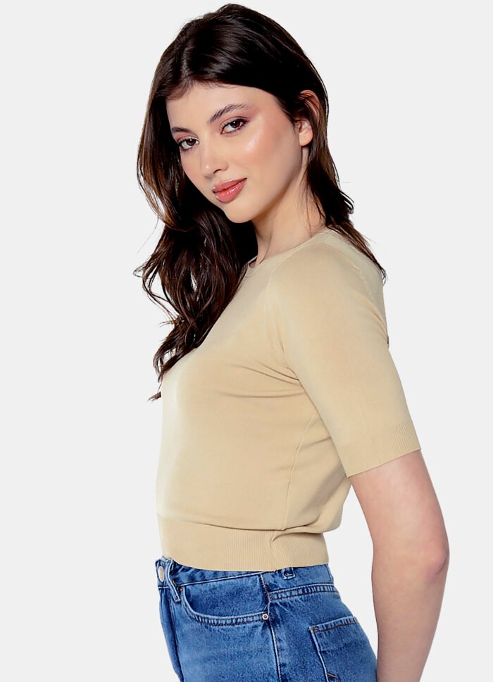 Blusa Bege Básica Viscose Manga Curta - Imagem 4