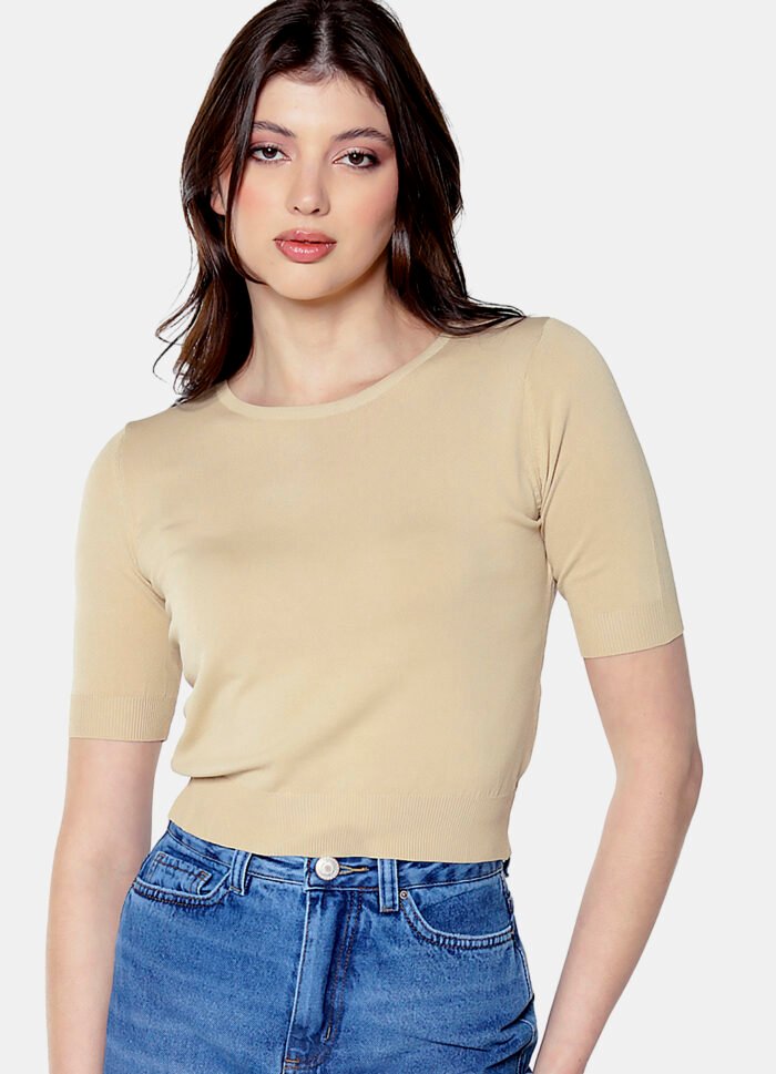 Blusa Bege Básica Viscose Manga Curta - Imagem 5