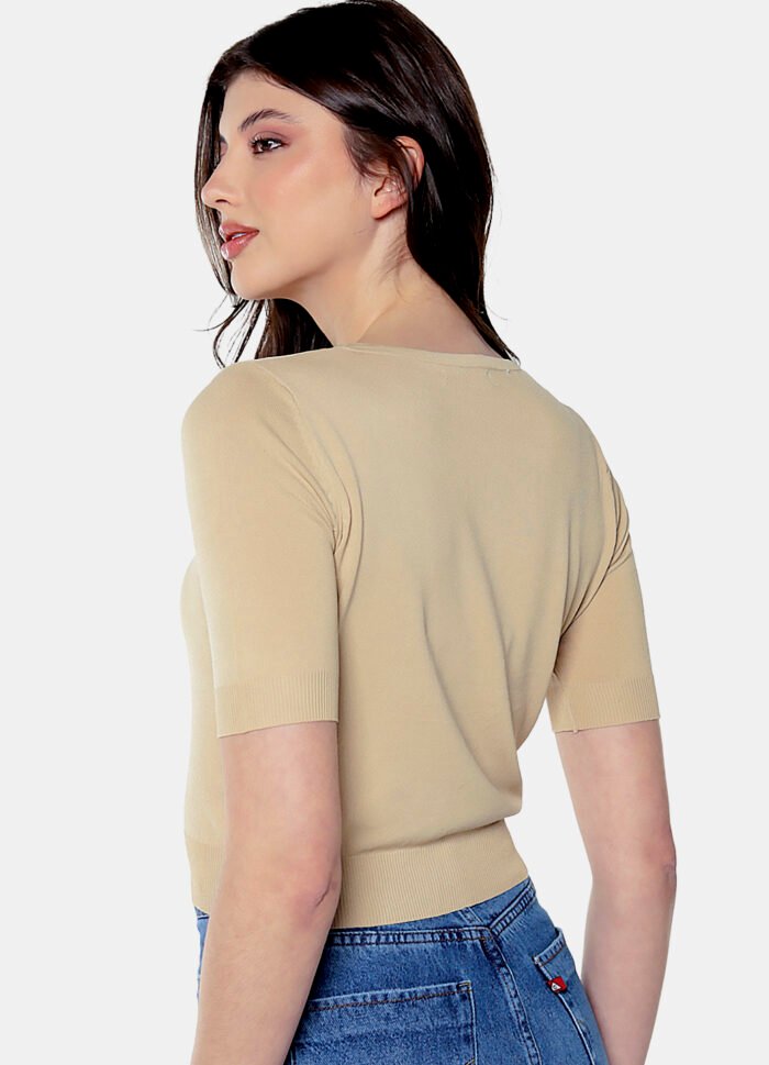 Blusa Bege Básica Viscose Manga Curta - Imagem 6