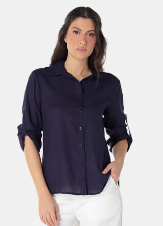 Camisa Feminina Azul Marinho Viscose com Linho Sob