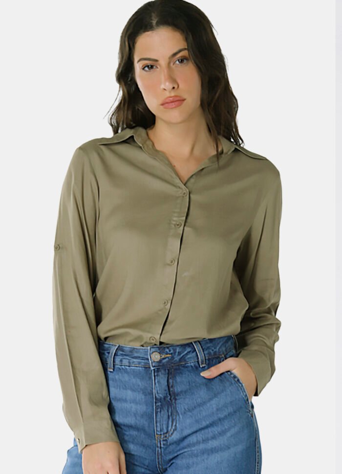 Camisa Feminina Verde Militar Viscose com Linho Sob - Imagem 2