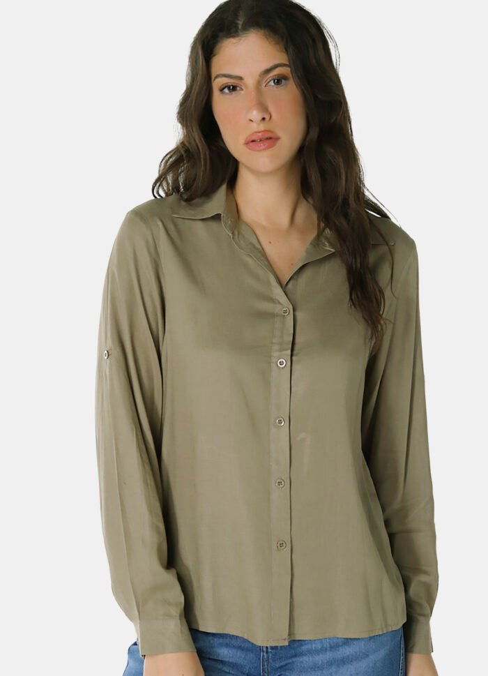 Camisa Feminina Verde Militar Viscose com Linho Sob - Imagem 3