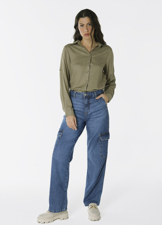 Camisa Feminina Verde Militar Viscose com Linho Sob - Image 5