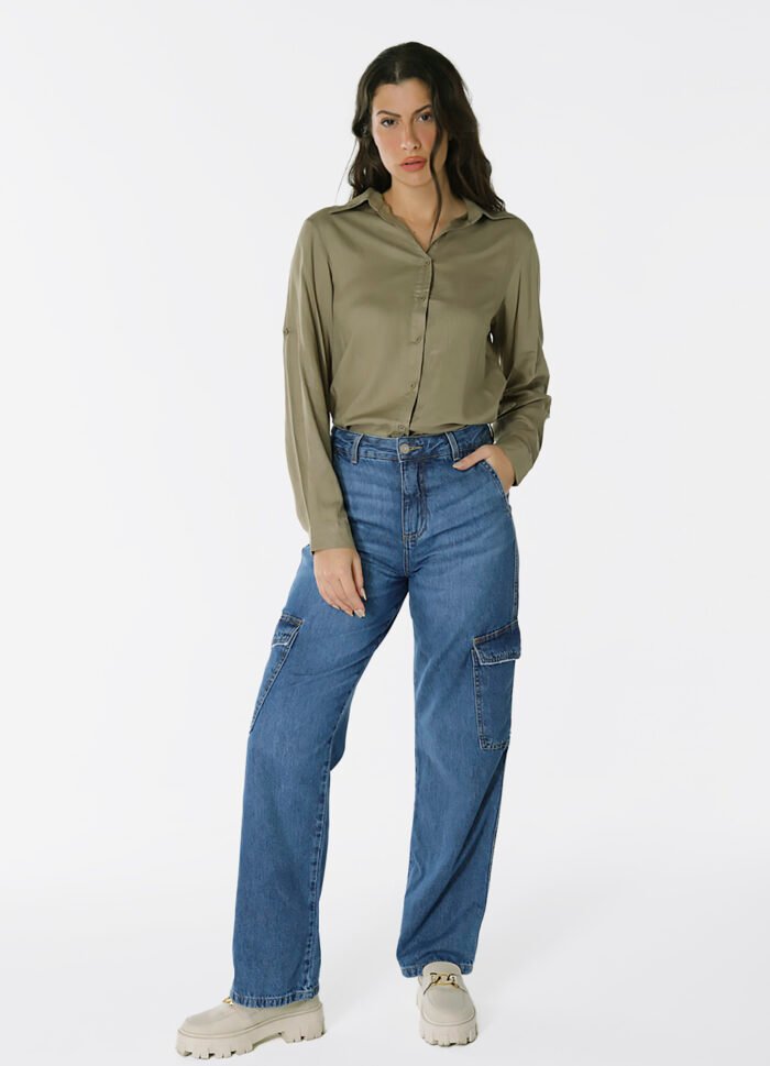 Camisa Feminina Verde Militar Viscose com Linho Sob - Imagem 5