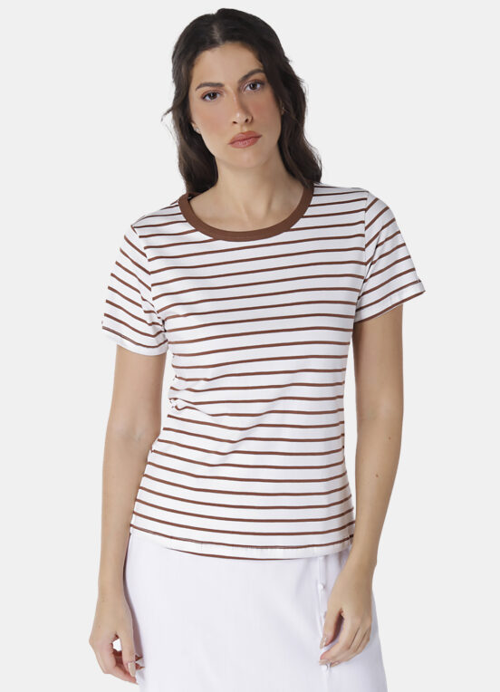 Blusa Feminina Listrada Marrom Retrô em Malha de Algodão