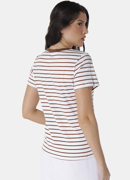 Blusa Feminina Listrada Marrom Retrô em Malha de Algodão - Image 4