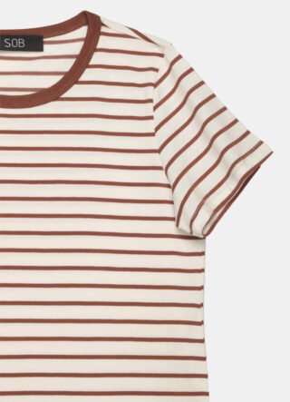 Blusa Feminina Listrada Marrom Retrô em Malha de Algodão