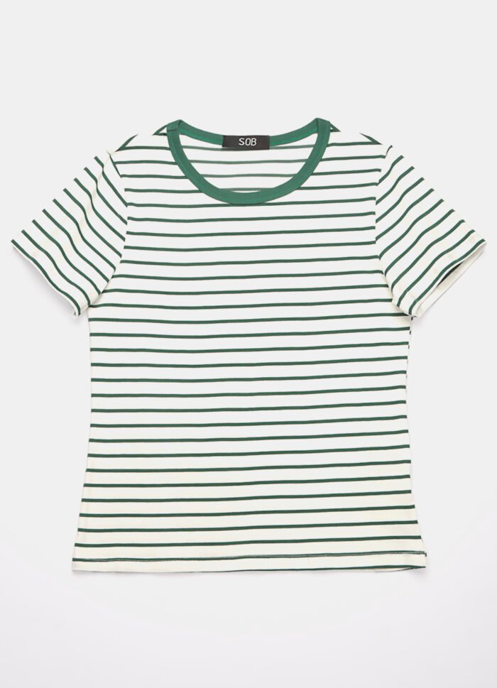 Blusa Feminina Listrada Verde Retrô em Malha de Algodão - Imagem 3