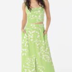 Conjunto Saia  Longa com Bolsos e Top Estampado Verde Sob