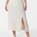 Saia de Linho Longa Bege Claro com Fenda e Botões