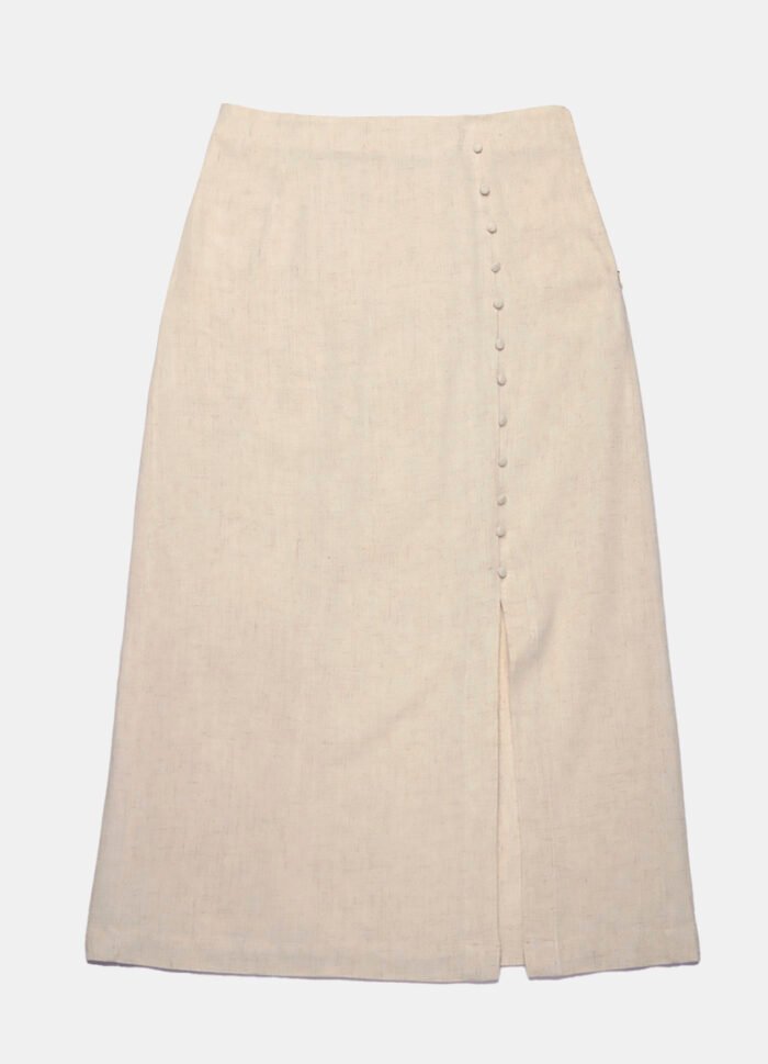 Saia de Linho Longa Bege Claro com Fenda e Botões - Imagem 5
