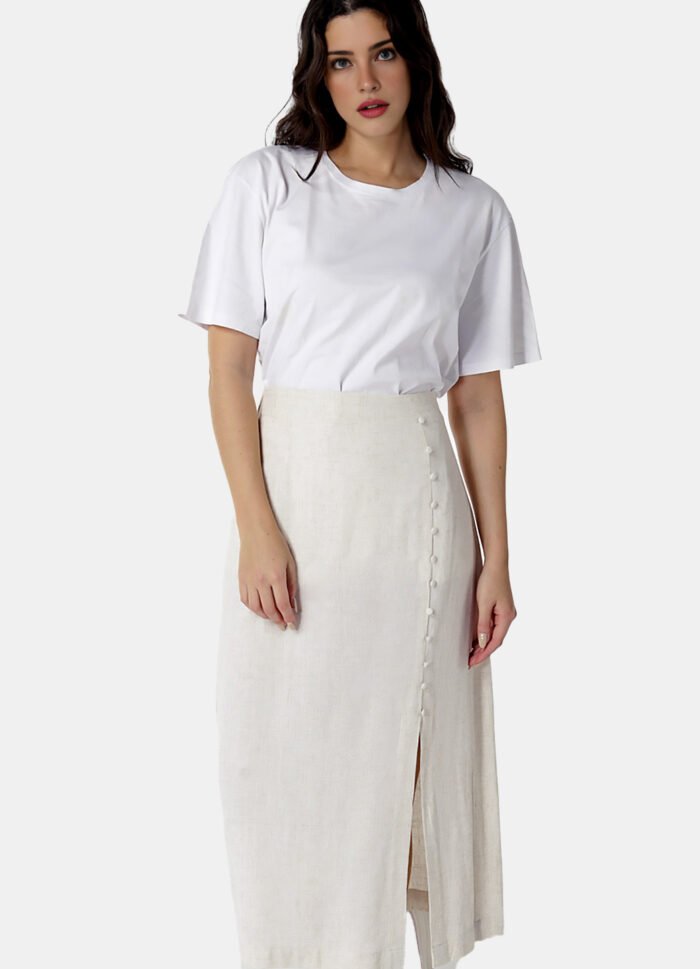 Saia de Linho Longa Bege Claro com Fenda e Botões - Imagem 3